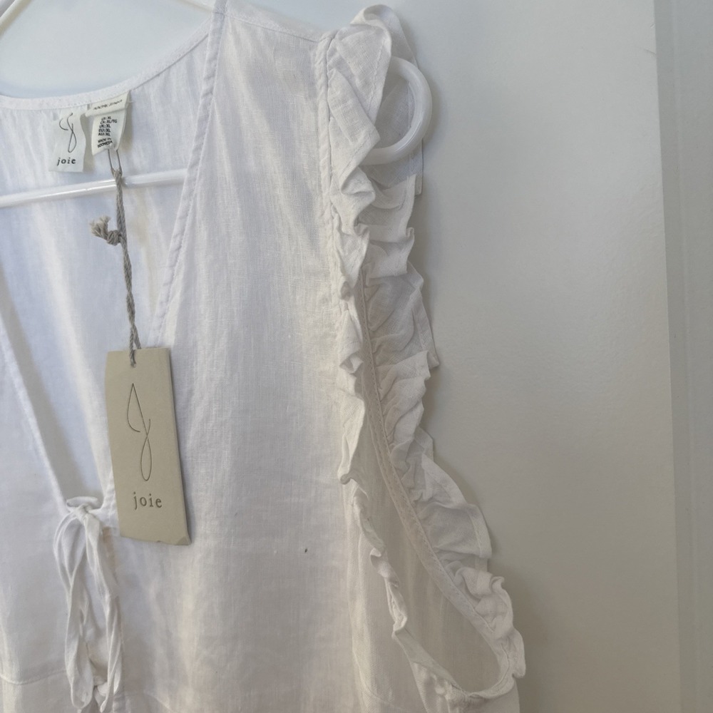 NWT joie 100 % Linen Size Xl Sleeveless Tie Up White Top With Ruffle Arm Rushing - Picture 6 of 12